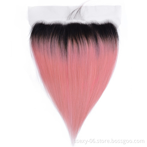 Factory Price Ombre Human Hair 1B/Pink Straight Wave Hair Bundles With Frontal Closure